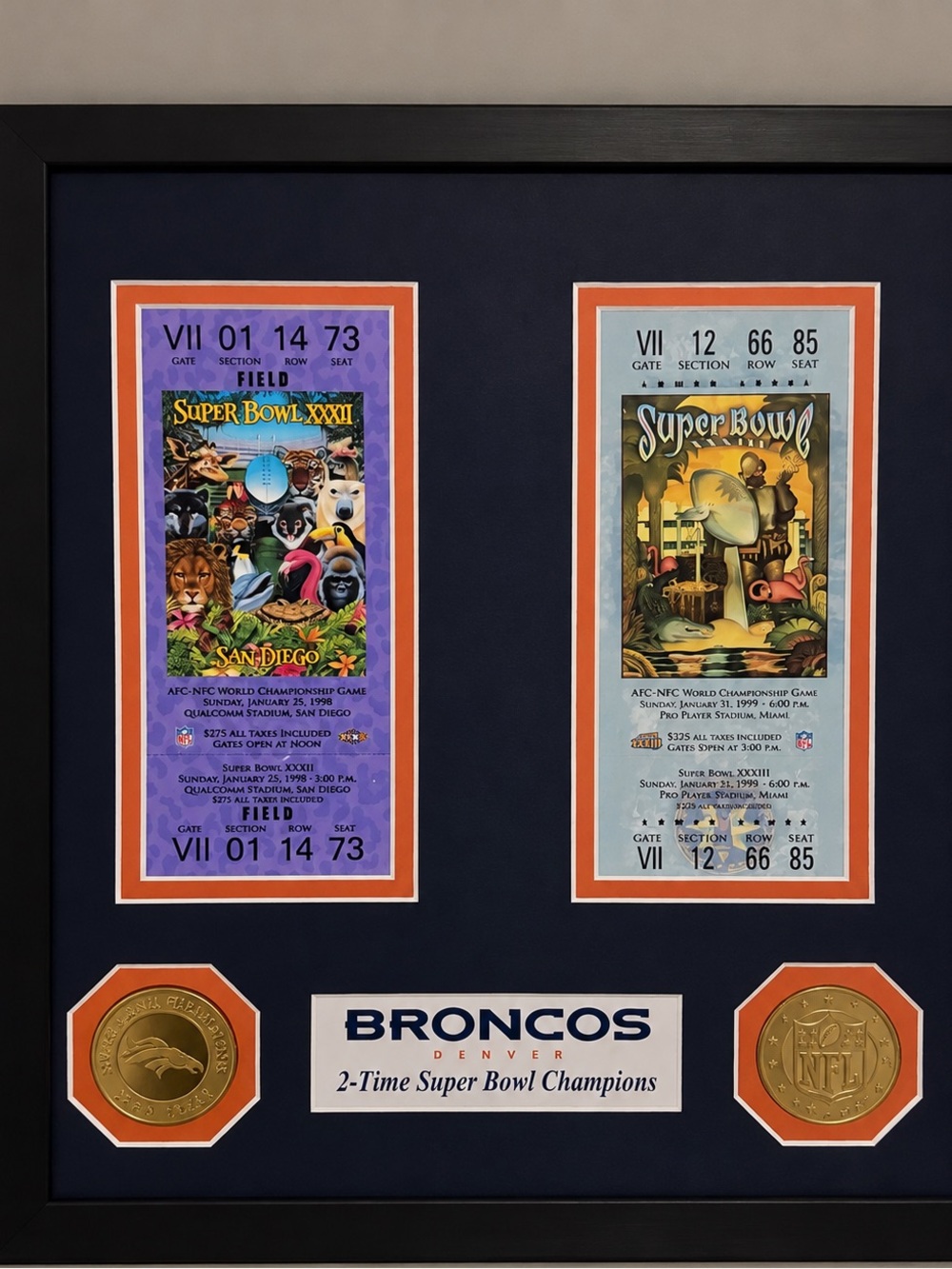 Framed Super Bowl Memorabilia Display in Navy and Orange